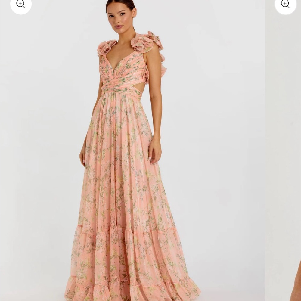 Mac Duggal Pink Floral Tiered Gown With Ruffle Sleeves